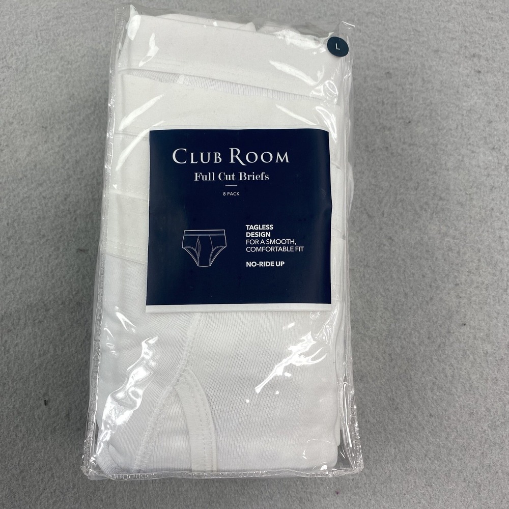 Club Room Briefs Mens Large White Underwear 8 Pack Tagless No Ride Up Full Cut